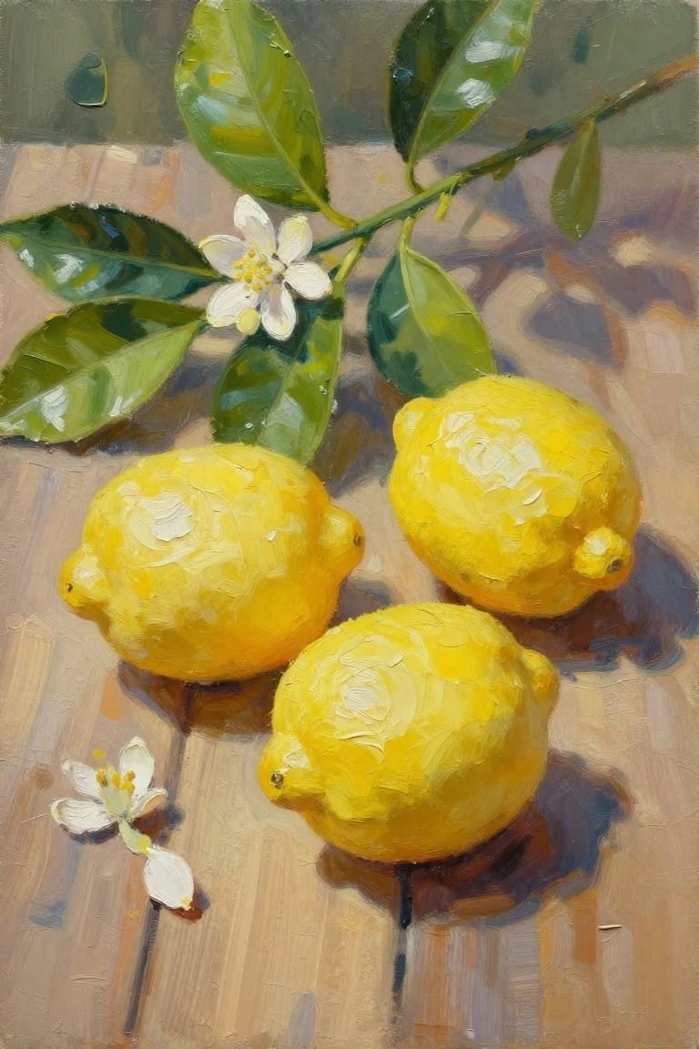 Oil painting of three yellow lemons on a wooden table surrounded by green leaves, branches, and white blossoms.