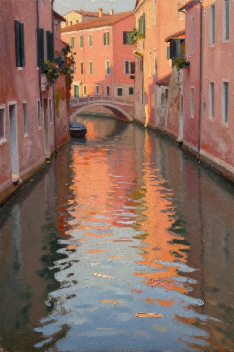 Oil painting of a narrow Venetian canal with pink buildings on both sides, a small stone bridge, a boat, plants on balconies, and orange sunset reflections rippling on the water.