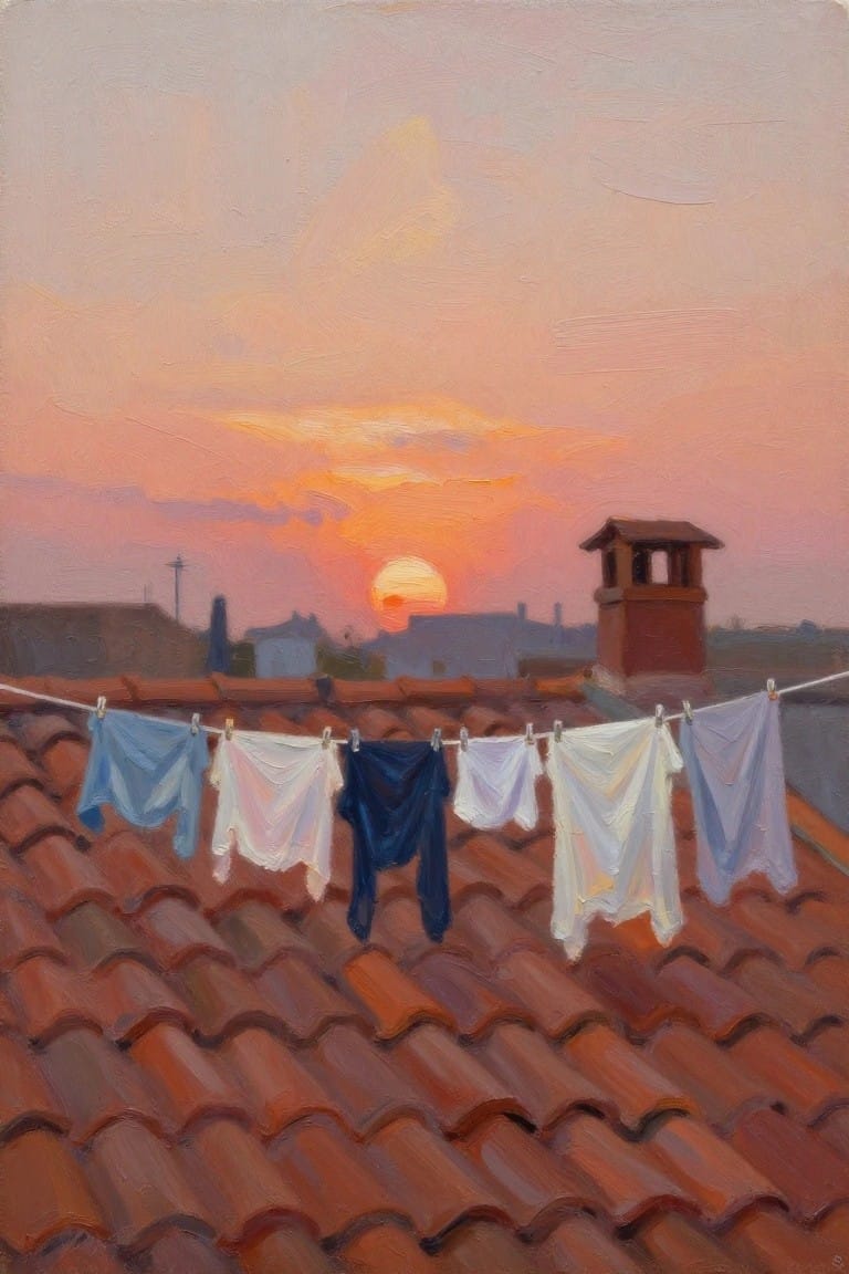 Oil painting of assorted blue and white clothes hanging on a line over red terracotta rooftops at sunset with distant buildings and a chimney.