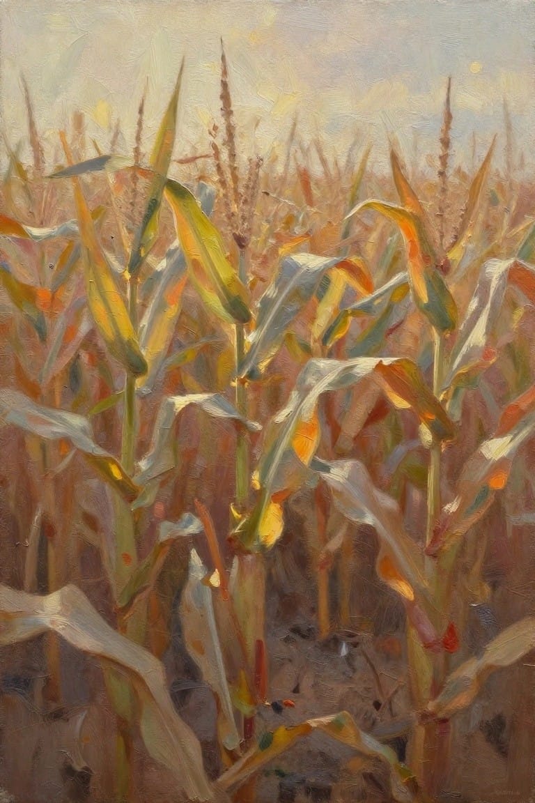 Oil painting of tall corn stalks with golden leaves and ears in a field under a cloudy sky with a low moon.