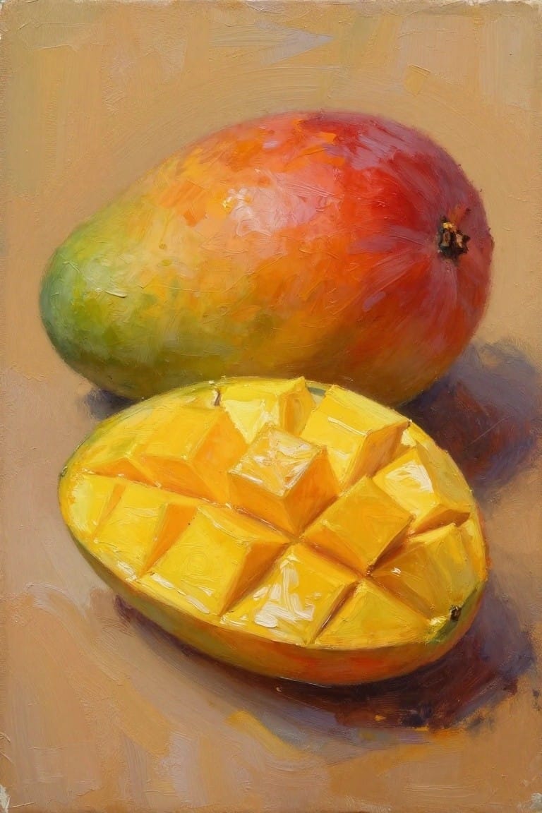 Realistic oil painting of a whole reddish mango beside a halved yellow mango with cubed flesh on a beige background.