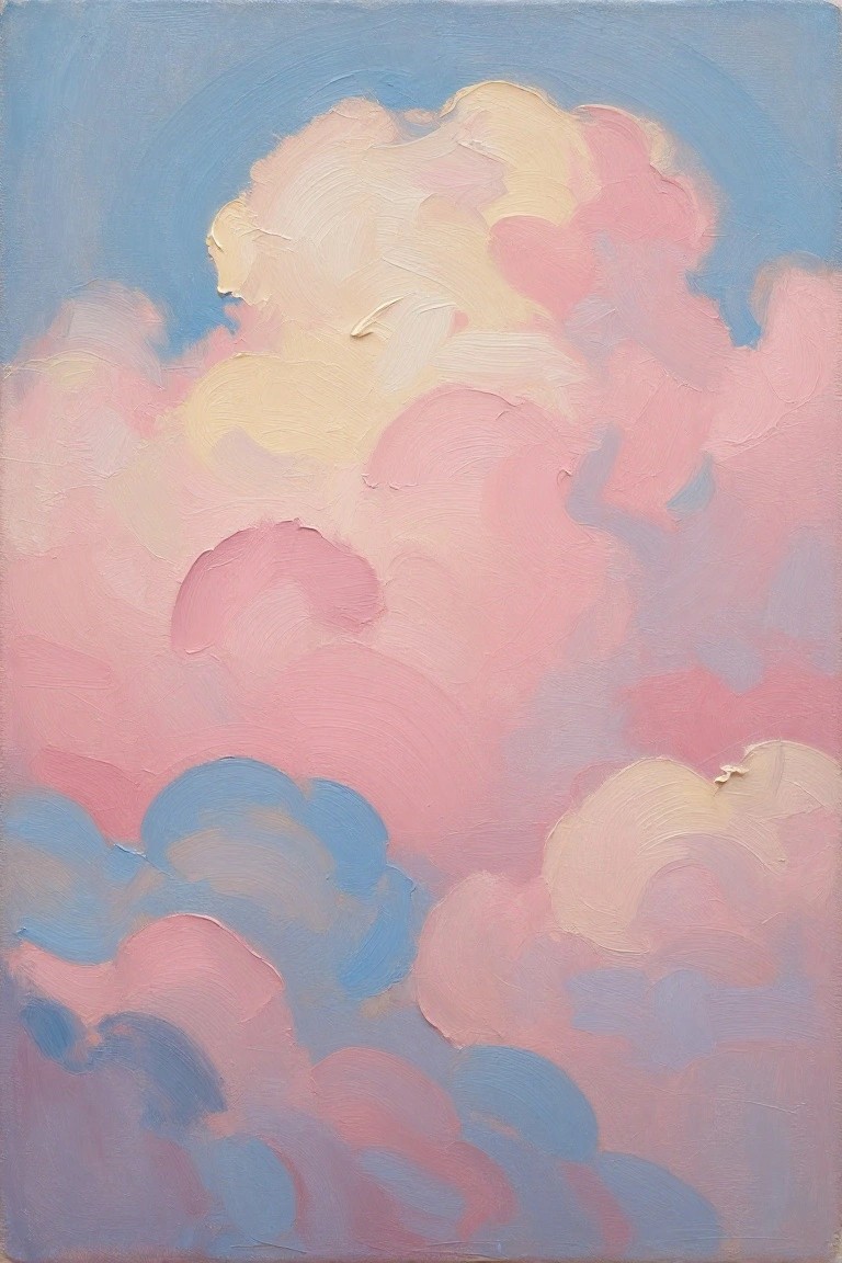 Oil painting of stacked fluffy clouds in blended pink, yellow, blue, and white tones with textured impasto brushwork.