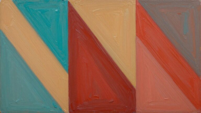 22 Bold Abstract Oil Painting Ideas For Beginner Artists Abstract oil painting of overlapping teal, orange, and red triangles on a rectangular canvas with visible brushstrokes.