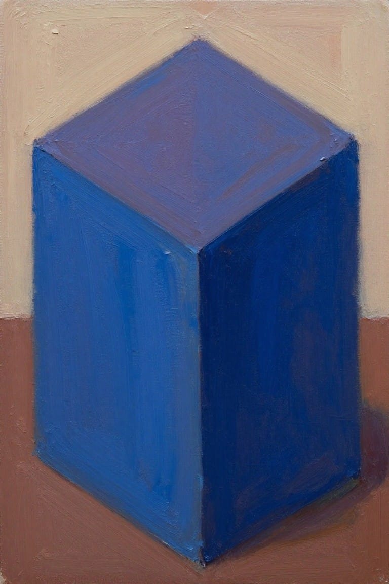 Oil painting of a deep blue cube in three-quarter view on a reddish-brown base with light beige side and top panels.