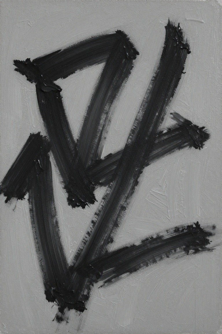 Abstract oil painting with thick black angular brushstrokes overlapping on a light gray background.