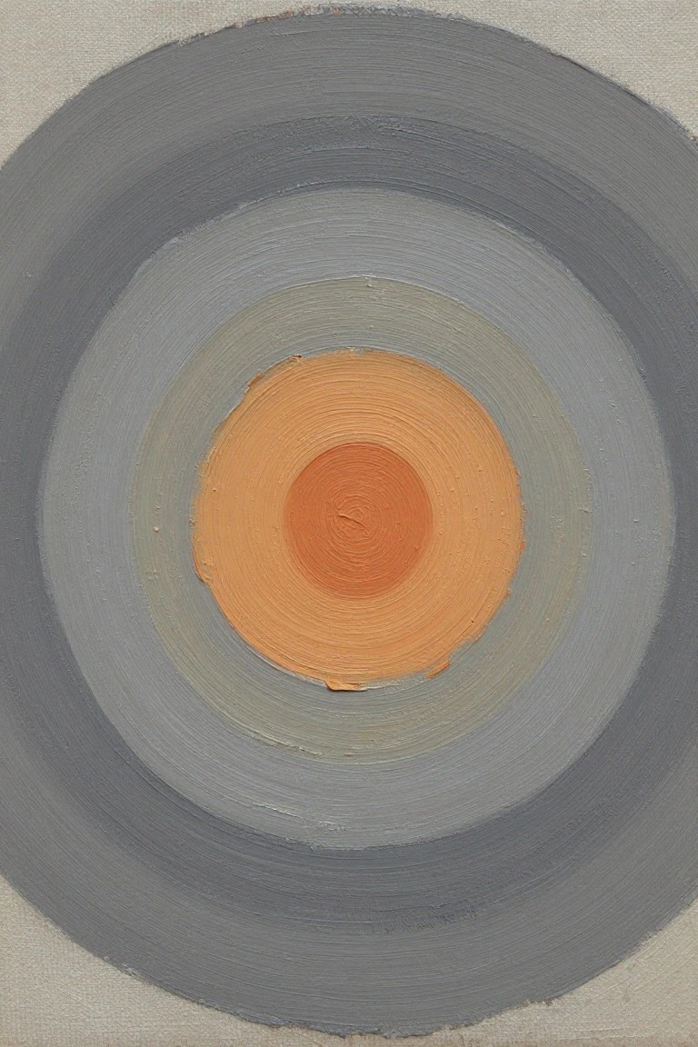 Oil painting of imperfect concentric gray circles centering on an orange bullseye against beige canvas edges.