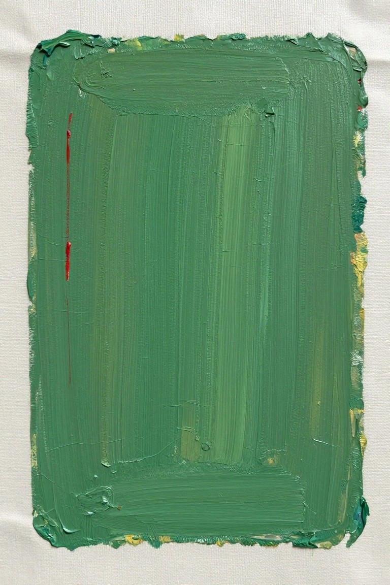 Abstract oil painting of a rectangular green field with textured edges and a vertical red line on white canvas.