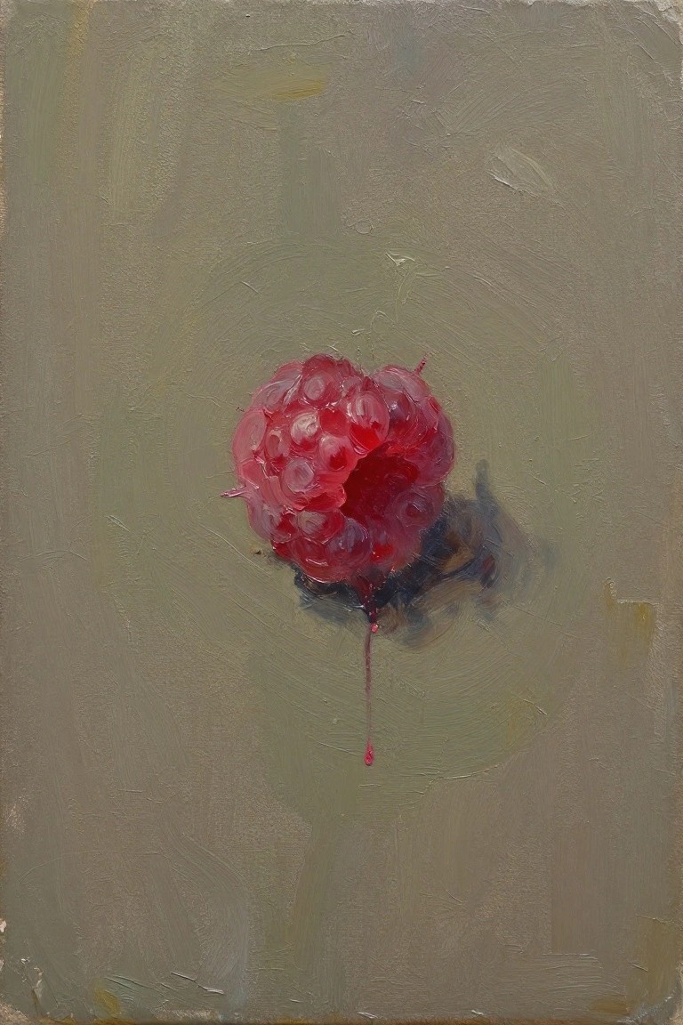 Oil painting of a red raspberry with textured drupelets and a juice drip on a gray-green background.