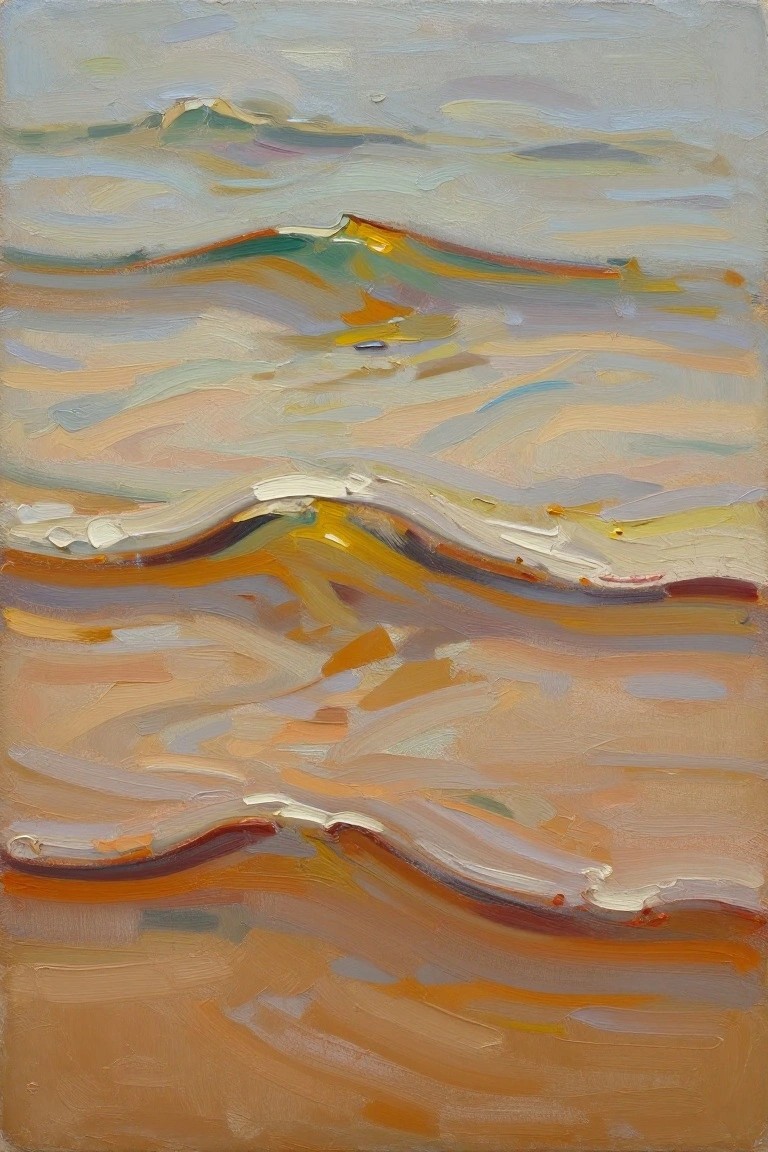 Abstract oil painting of horizontal wavy ocean forms in blended cool-to-warm tones.