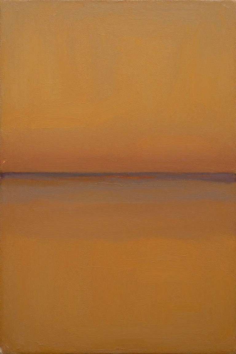 Vertical abstract oil painting featuring a thin purple horizon line dividing warm orange-yellow upper gradients from cooler blue-gray lower areas with soft blending.