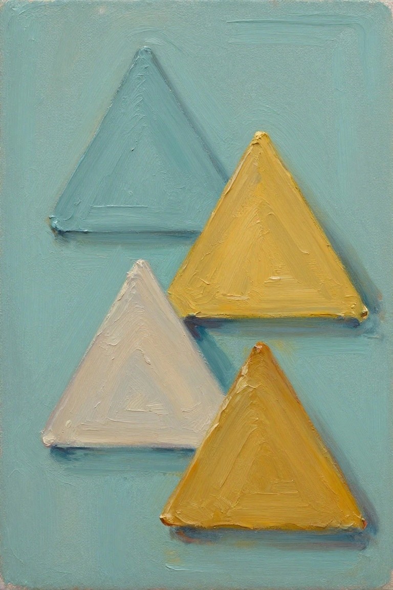 Oil painting featuring overlapping triangles in teal, yellow, and white on a turquoise background with textured brushwork and shadows.