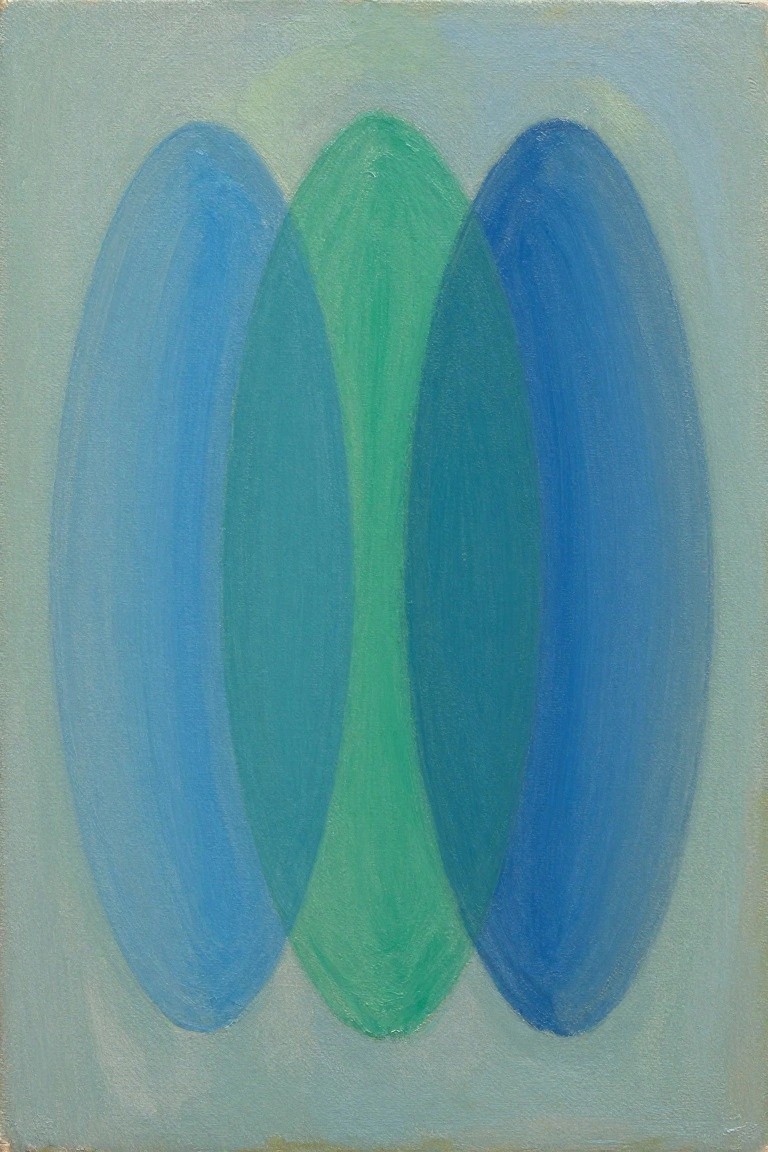 Abstract oil painting of three overlapping ovoid shapes in blue and green tones on a pale blue-gray background.