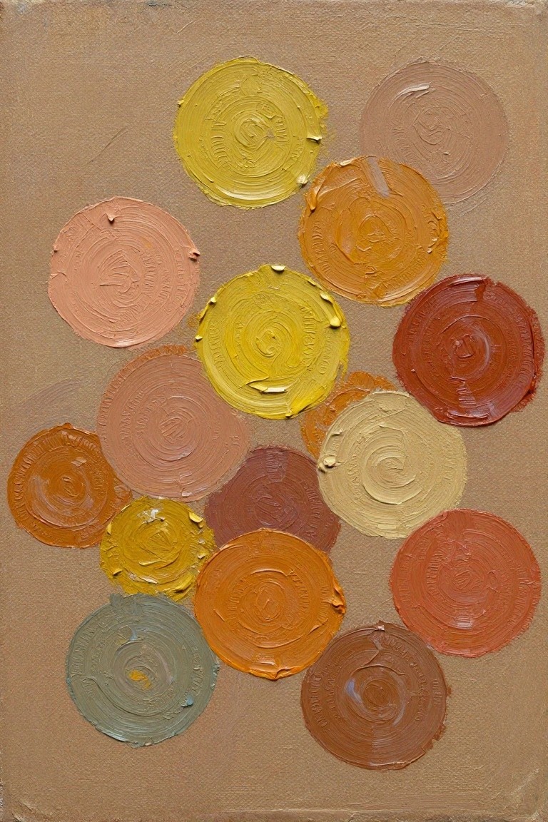 Abstract oil painting featuring overlapping circular forms in warm yellows, oranges, pinks, browns, and one gray-green circle on a beige background with thick swirling impasto brushwork.