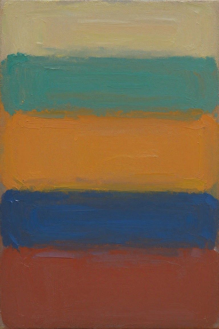 Vertical abstract oil painting with five stacked horizontal color bands in beige, teal, orange, blue, and red, featuring soft blended edges and textured brushwork.