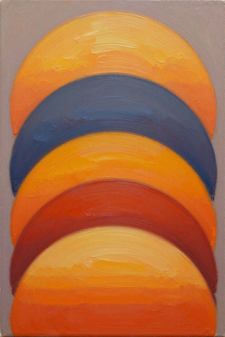 Oil painting featuring vertically stacked semi-circular bands in orange, yellow, blue, and red tones on a gray background with visible brush texture.