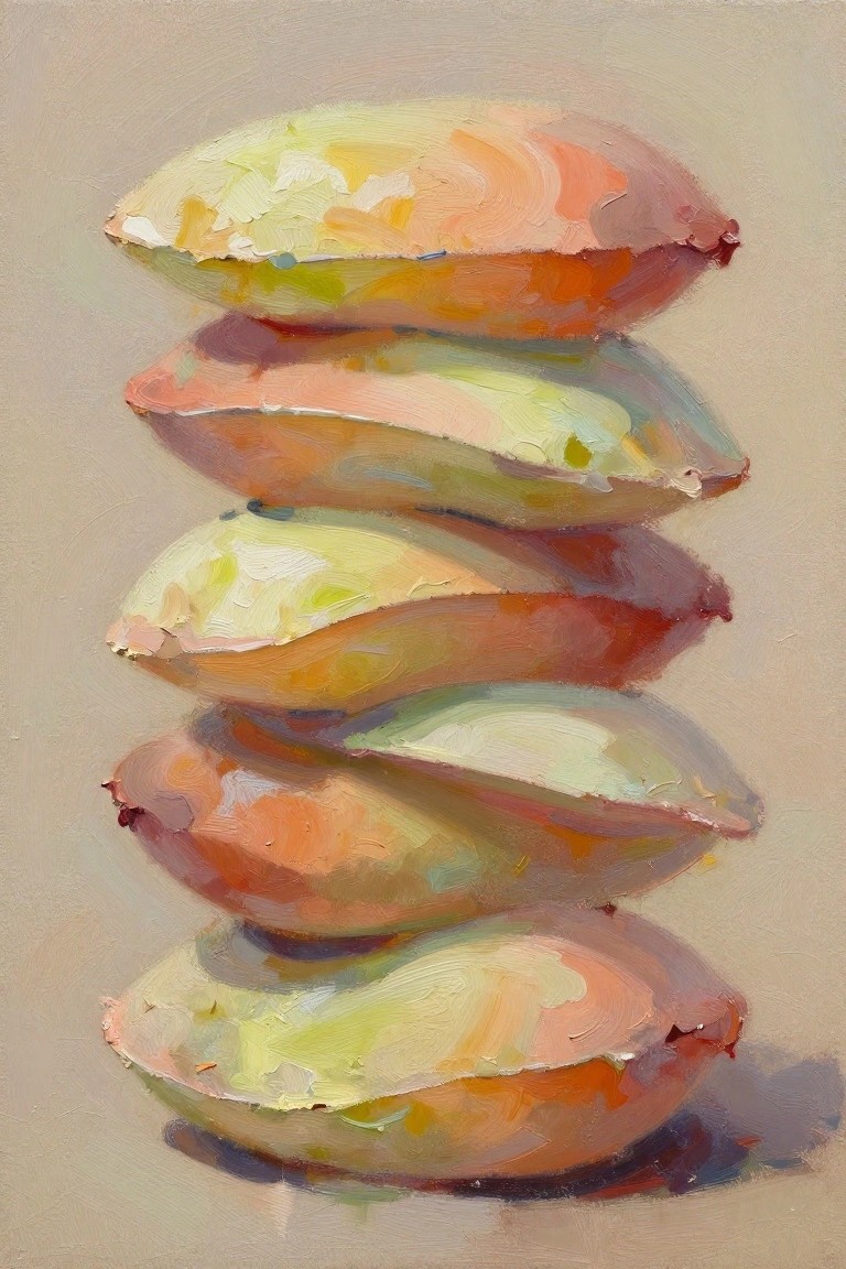 Oil painting of five peaches stacked vertically with textured, blended yellow-orange-pink surfaces on a beige background.