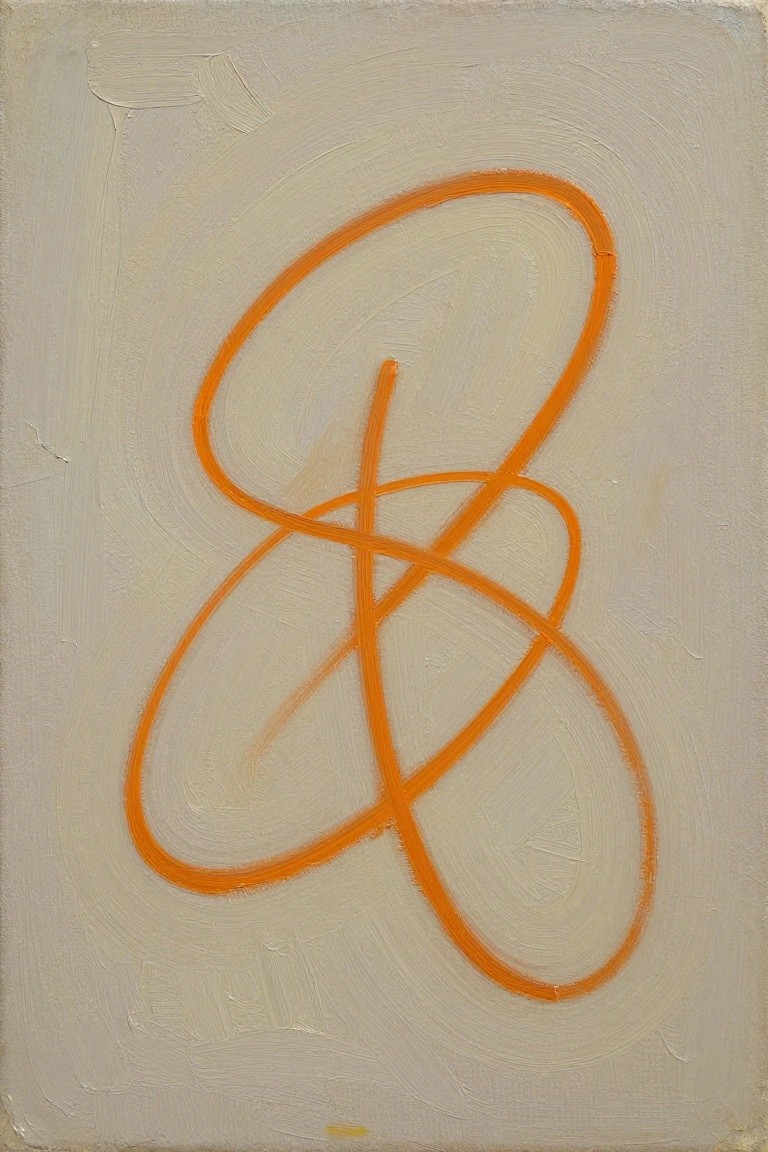 Abstract oil painting of orange looping lines forming a stylized B on a textured cream background.