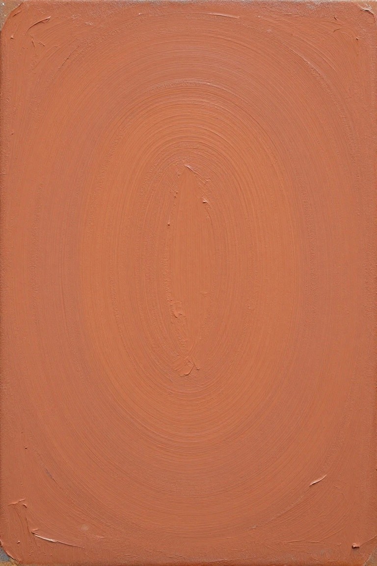 Square oil painting on canvas featuring a large central oval of swirling terracotta brushstrokes on a lighter background with textured edges.