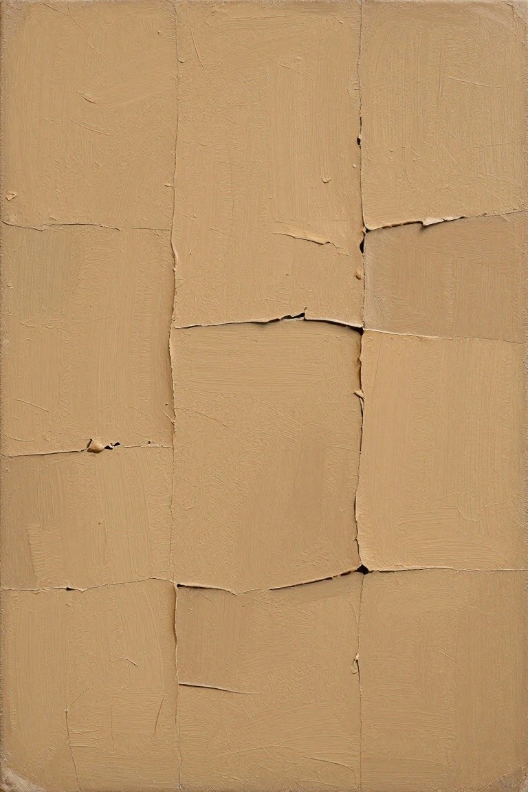 Oil painting of a beige grid divided into rectangular panels with cracks and textured edges.