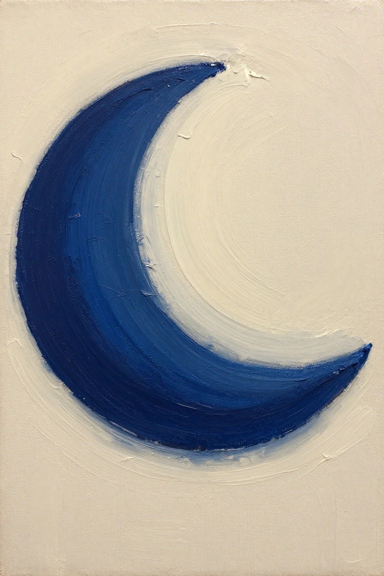 Oil painting of a thickly textured blue crescent moon blending into white glow on a cream canvas.