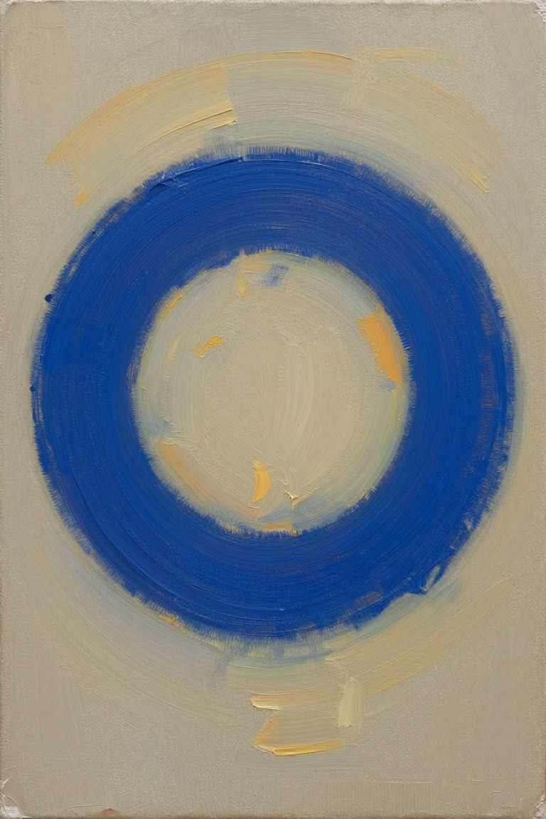 Abstract oil painting of a central deep blue ring enclosing a textured yellow-white center, surrounded by beige smears on a light gray background.