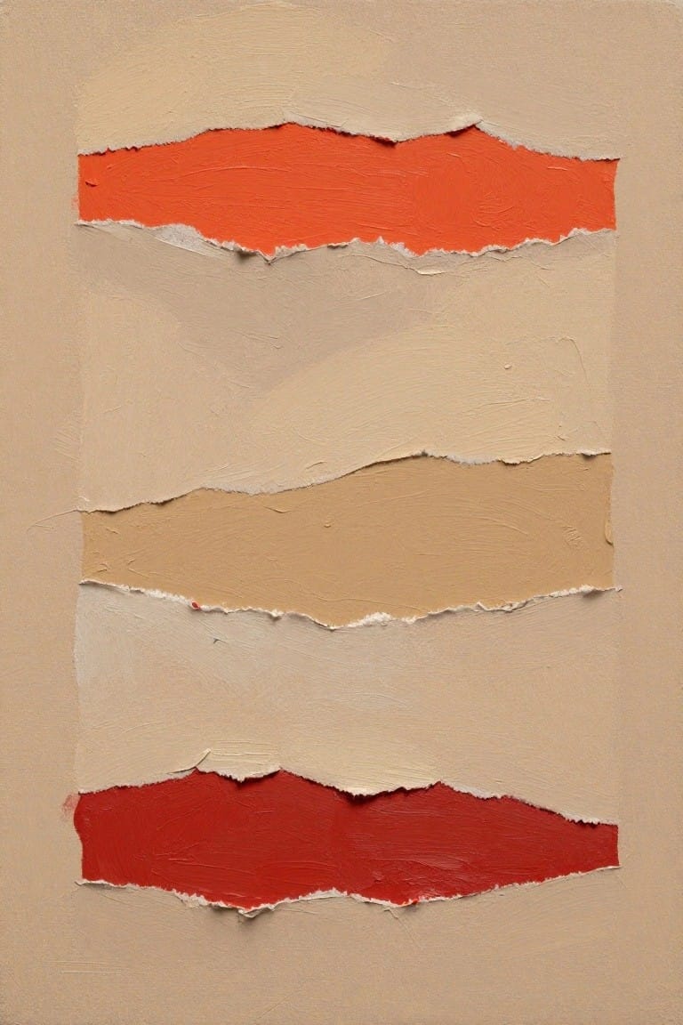 Abstract oil painting of beige and tan layers with torn horizontal strips revealing orange and red paint underneath.