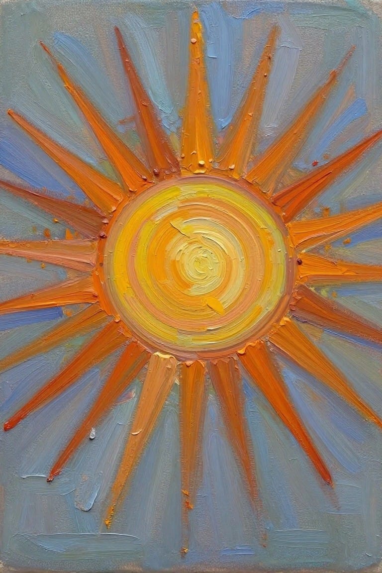 Abstract oil painting of a bright yellow-orange sun with orange rays radiating into a blue-gray background using thick textured brushstrokes.