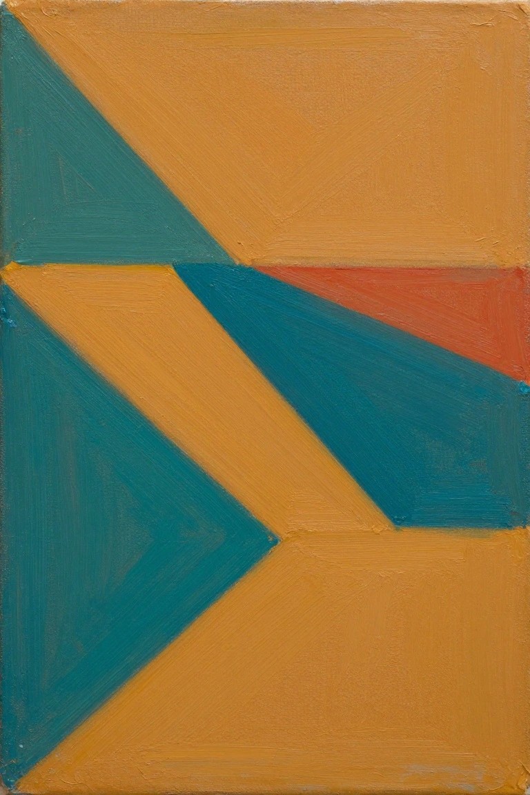 Abstract oil painting of overlapping teal, orange, and red triangles on a rectangular canvas with visible brushstrokes.