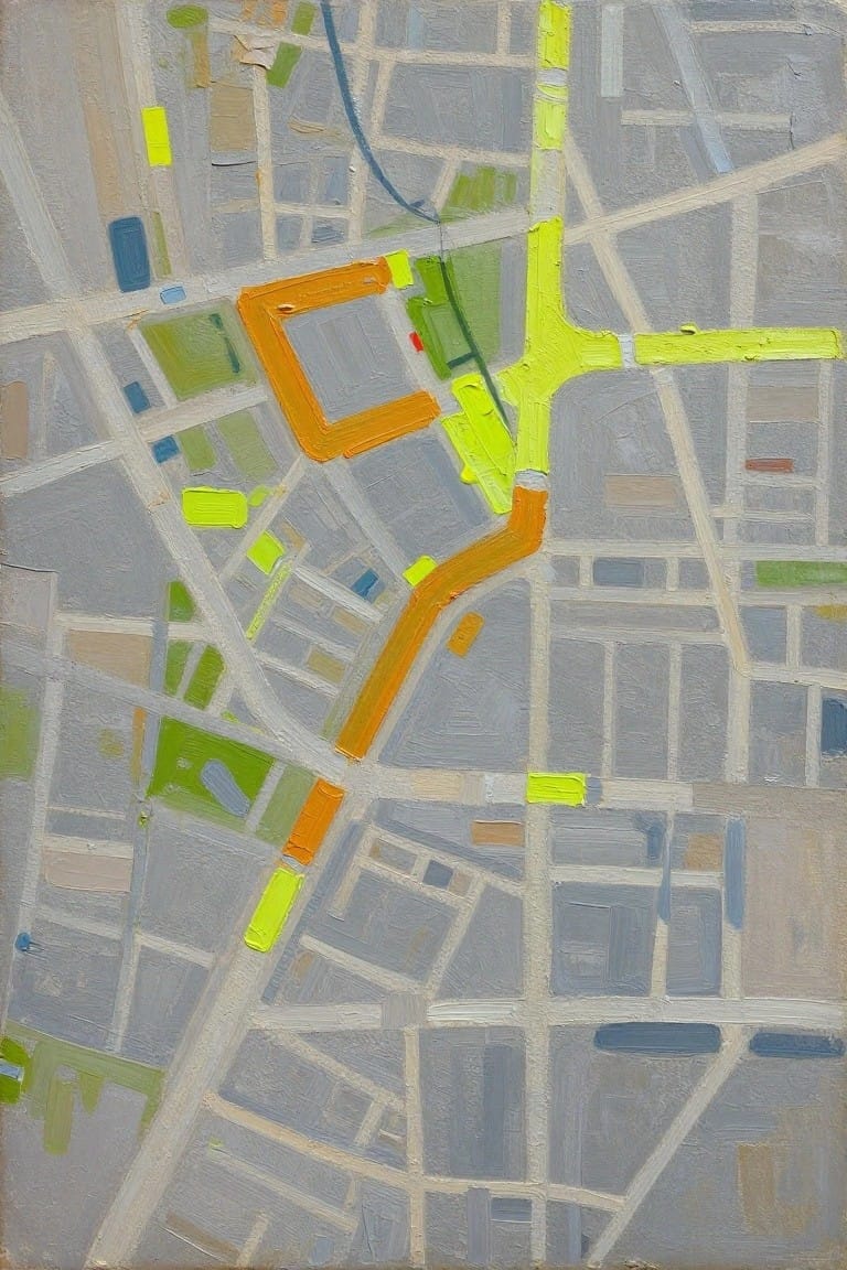 Abstract oil painting depicting a gray city grid with yellow paths, orange blocks, green parks, and blue accents.