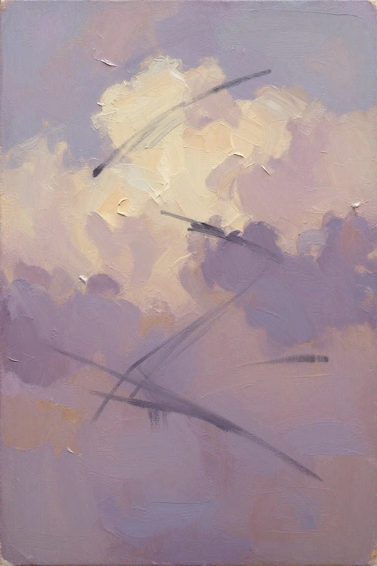 Vertical abstract oil painting of soft purple and cream clouds crossed by dark gestural lines.