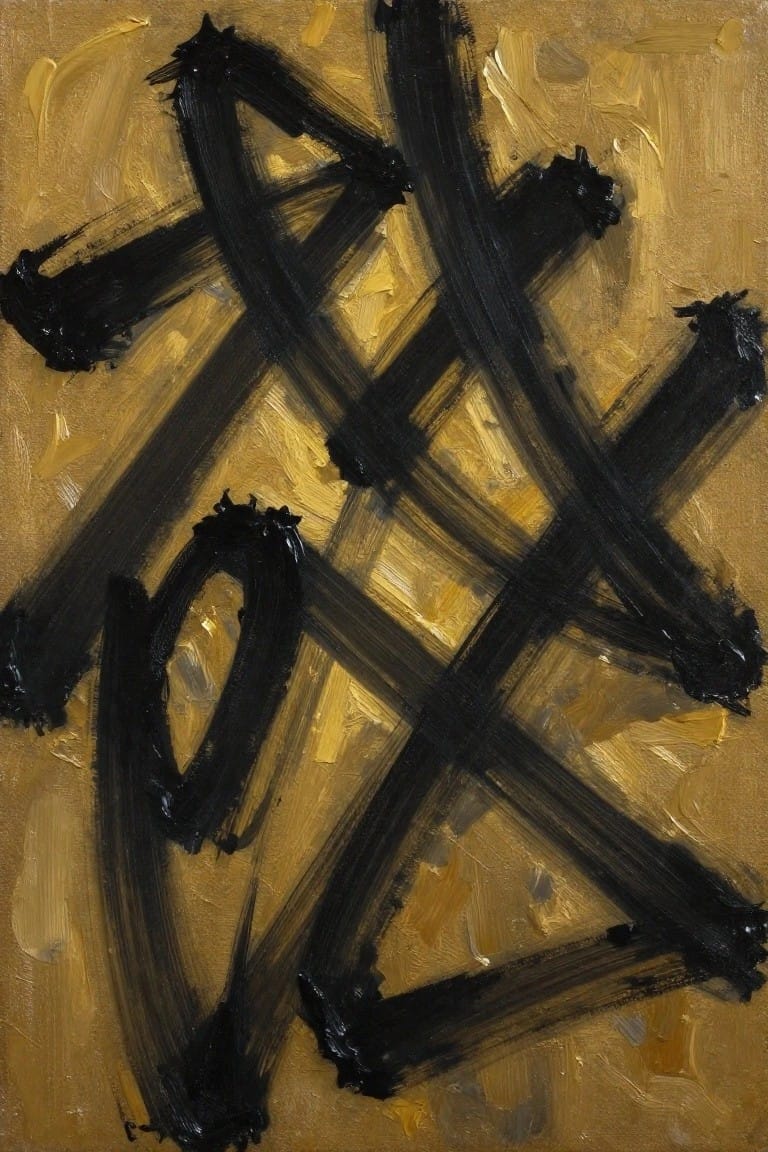 Abstract oil painting featuring thick black brushstrokes crossing over a textured golden ochre background.