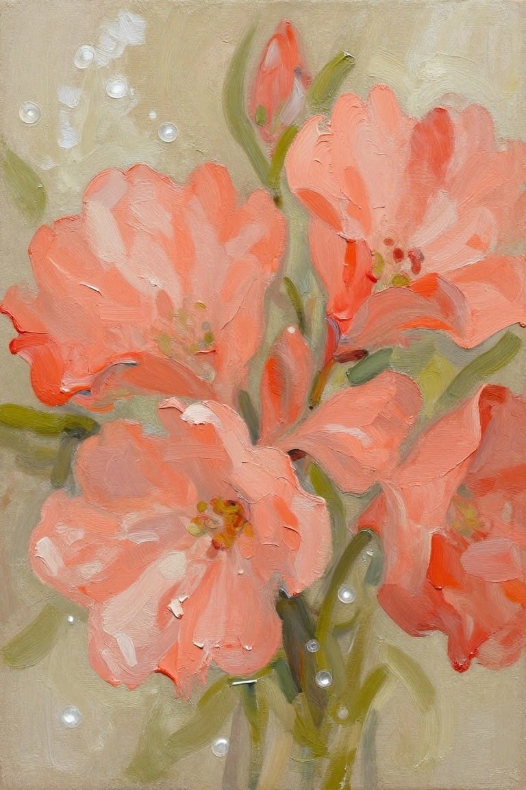 Oil painting of clustered coral-colored flowers with green stems in a vase, scattered white pearls, on beige background.