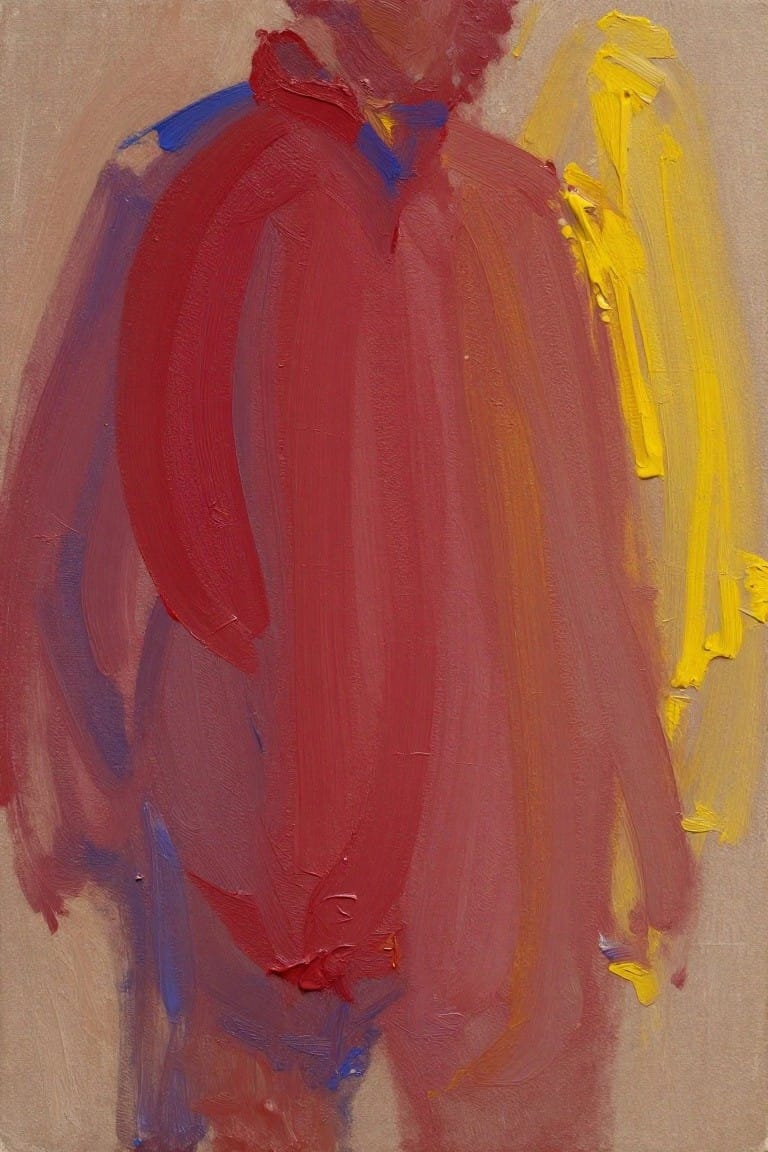 Abstract oil painting of a standing humanoid figure in dominant red tones with blue shoulders, yellow streaks on the right side, and textured brushwork on a beige background.