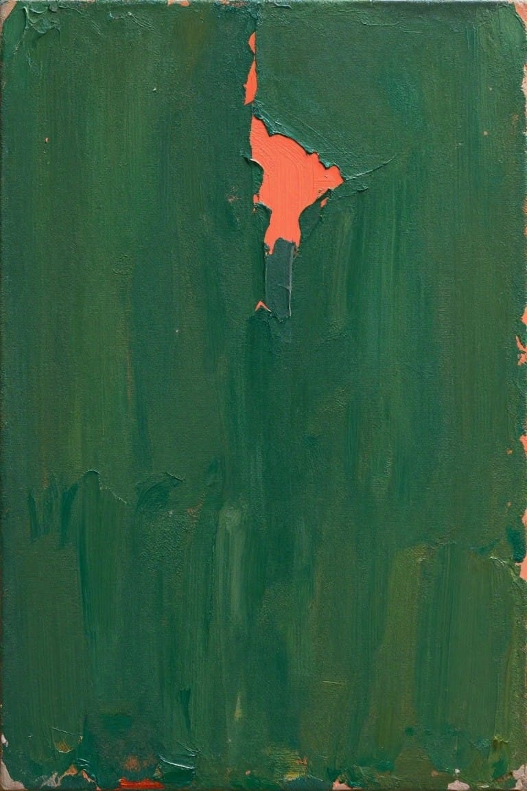 Abstract oil painting on canvas with thick green paint mostly covering the surface and jagged orange areas exposed through cracks and tears.