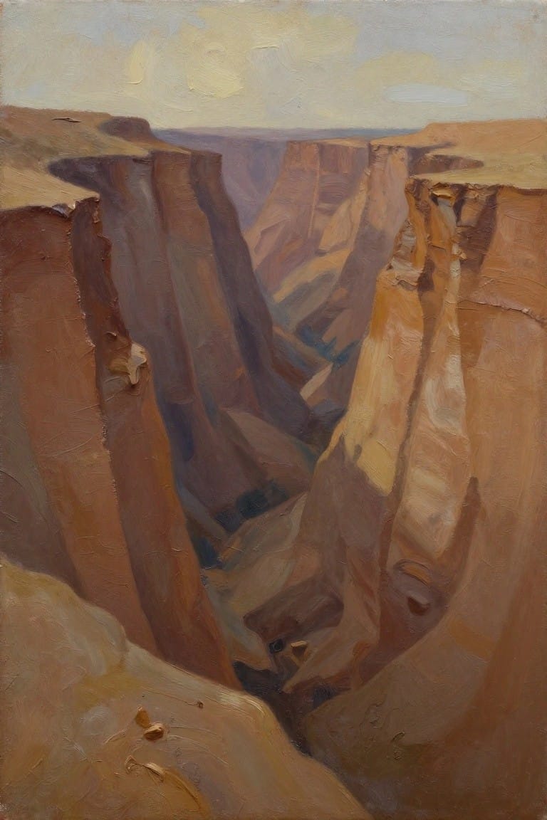 Oil painting depicting steep reddish-brown canyon walls surrounding a narrow green gorge under a pale cloudy sky.