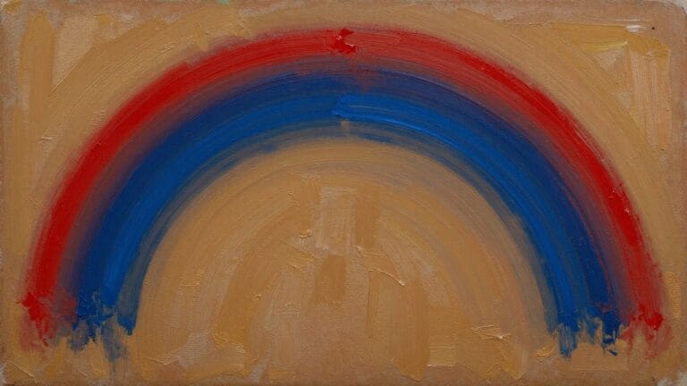Oil painting featuring a centered dark blue human silhouette surrounded by outward-radiating arcs of red and orange hues with textured brushwork.