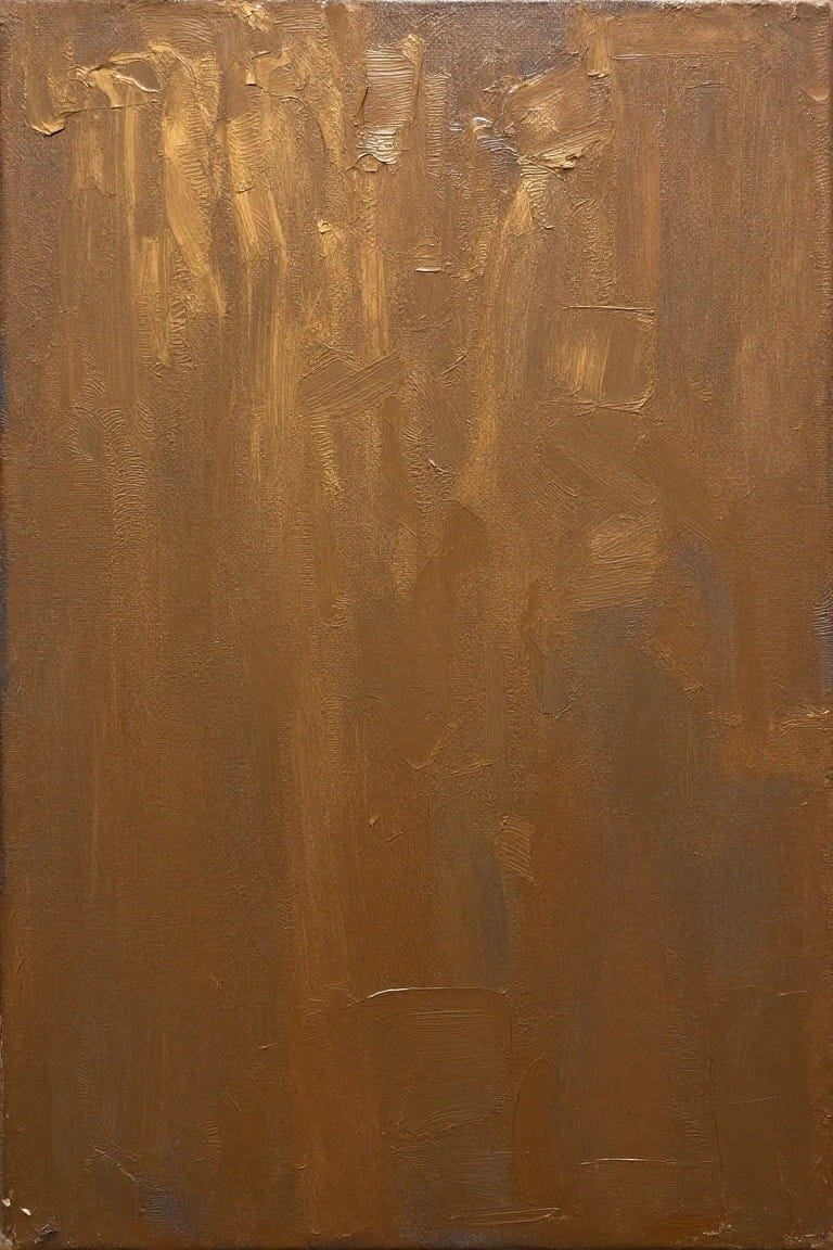 Abstract oil painting featuring thick, textured strokes in metallic gold and brown tones with vertical flows across a rectangular canvas.