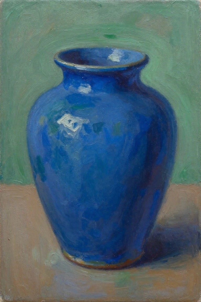 Oil painting of a glossy blue vase on an ochre table against a green background.