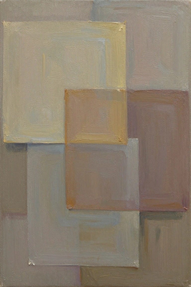 Abstract oil painting featuring overlapping rectangles and squares in beige, gray, tan, and taupe tones with soft edges and textured surfaces.