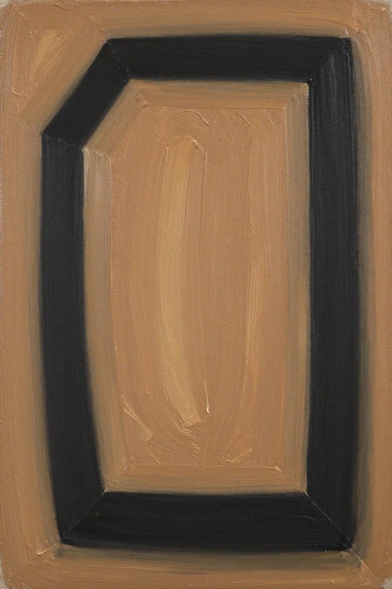 Abstract oil painting featuring thick irregular black borders nesting around a blended tan rectangular center on a light beige ground.