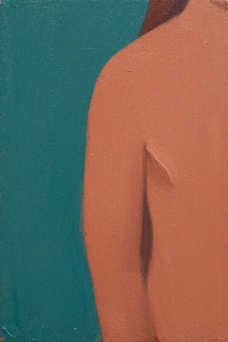 Oil painting of a peach-toned human back, shoulder, and arm against a teal background with soft brushwork.