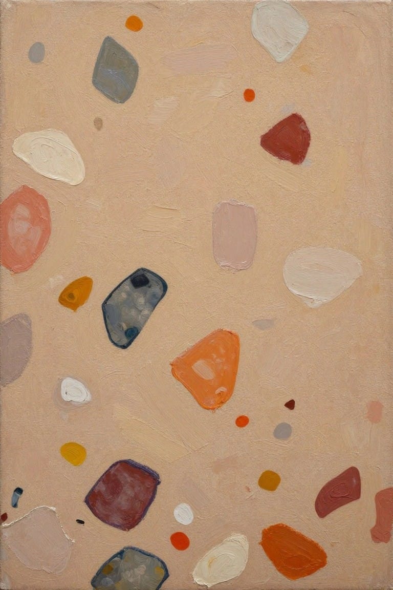Abstract oil painting featuring scattered irregular shapes in beige, white, orange, red, gray, and other earth tones on a sandy background.