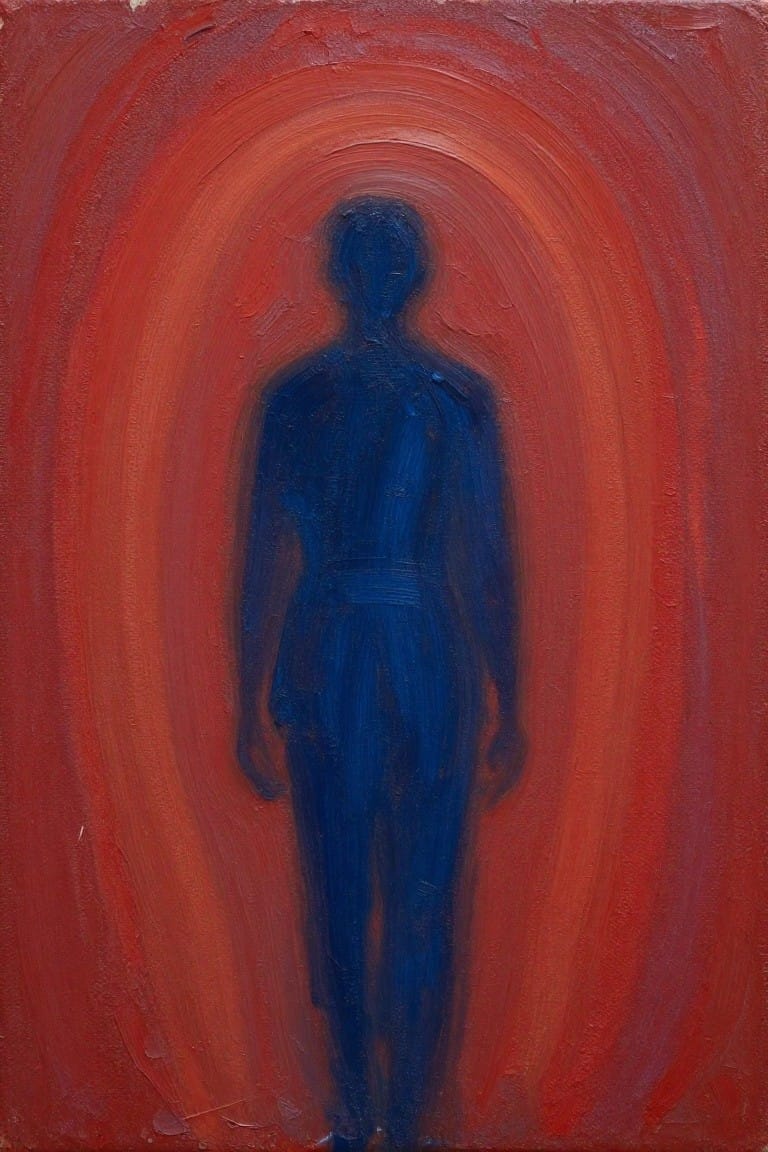 Oil painting featuring a centered dark blue human silhouette surrounded by outward-radiating arcs of red and orange hues with textured brushwork.