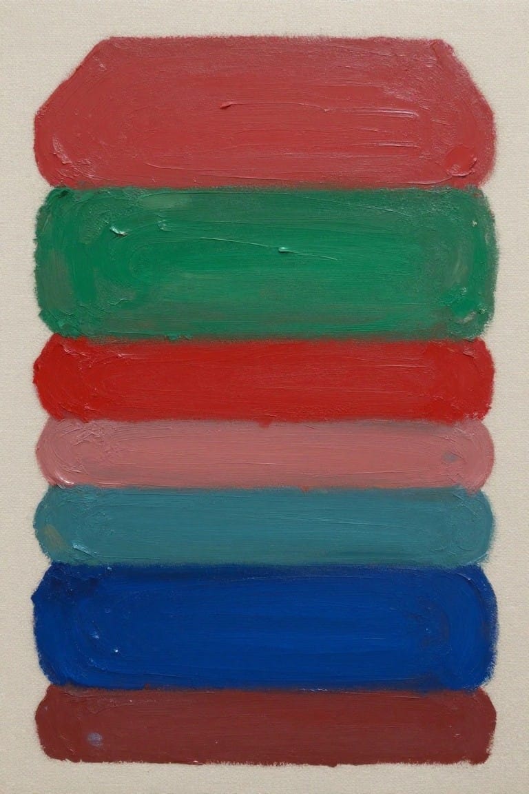 Abstract oil painting of stacked horizontal rectangles in red, green, pink, teal, blue, and brown on beige canvas.