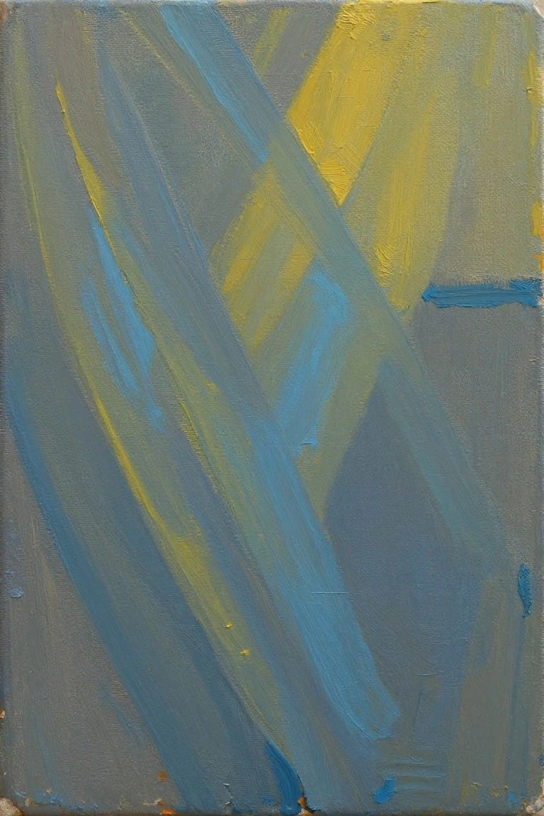Abstract oil painting on canvas with broad blue and gray strokes intersected by diagonal yellow streaks and textured edges.