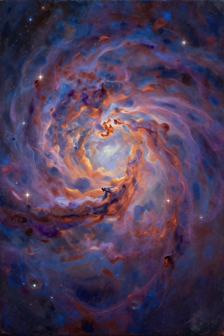 Abstract oil painting depicting a vibrant purple-orange nebula spiral in space with scattered stars and a tiny central silhouette.