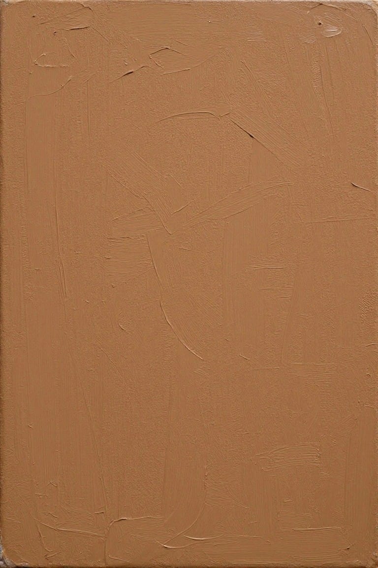 Square canvas with thick, textured tan oil paint applied in sweeping, directional brushstrokes.