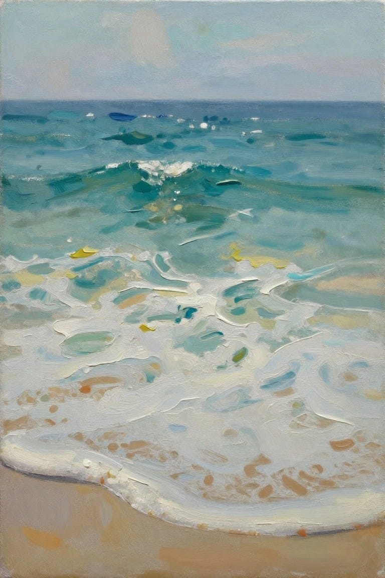 Impressionistic oil painting of turquoise waves and white foam meeting a beige sandy beach under a light blue sky.