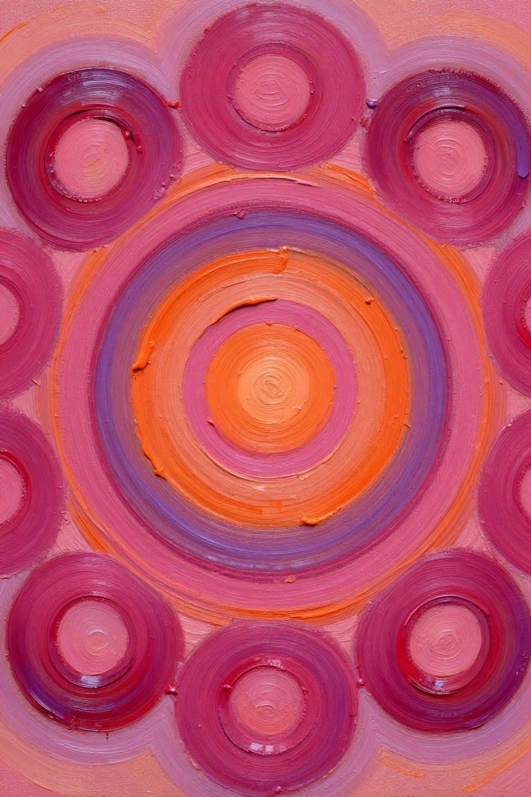 Abstract oil painting of overlapping concentric circles in pinks, purples, oranges, and peaches with thick textured brushwork.