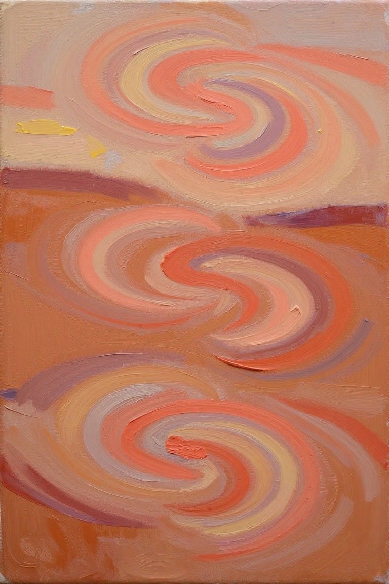 Abstract oil painting of three vertically stacked, overlapping spirals in pink, orange, peach, and beige tones on tan canvas with visible brushwork.